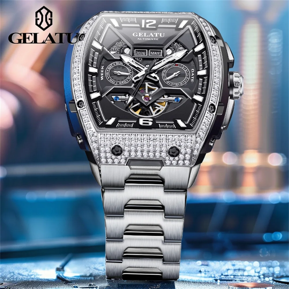 GELATU 6016 Men Watch Tourbillon Watch Diamond Hollow Men Automatic Mechanical Watch Luxury Cool Black Steel Brand Men Watch