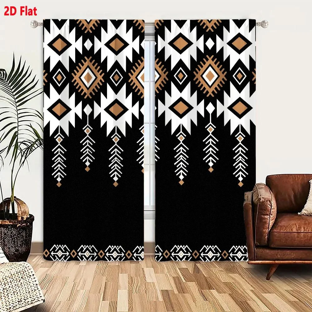 2Pcs Curtains 2D Flat Black Background With Repeating Geometric Pattern Including White Brown Tan Black Diamond Triangular Arrow
