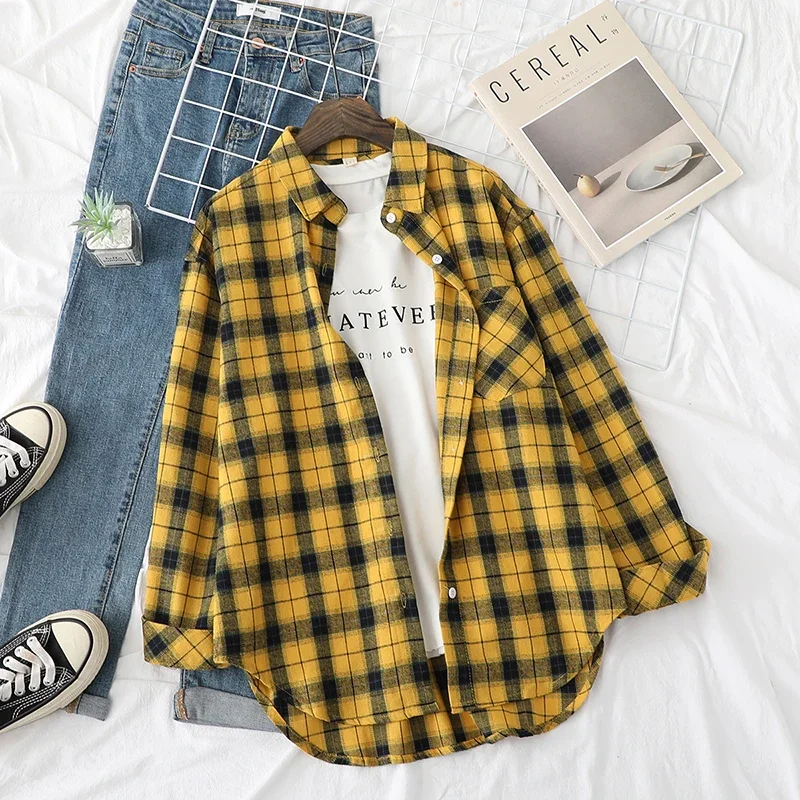 Red Yellow Plaid Shirt Women 2024 Autumn Woman Casual Long Sleeve Blouses and Tops Female Fresh College Style Shirt Clothes