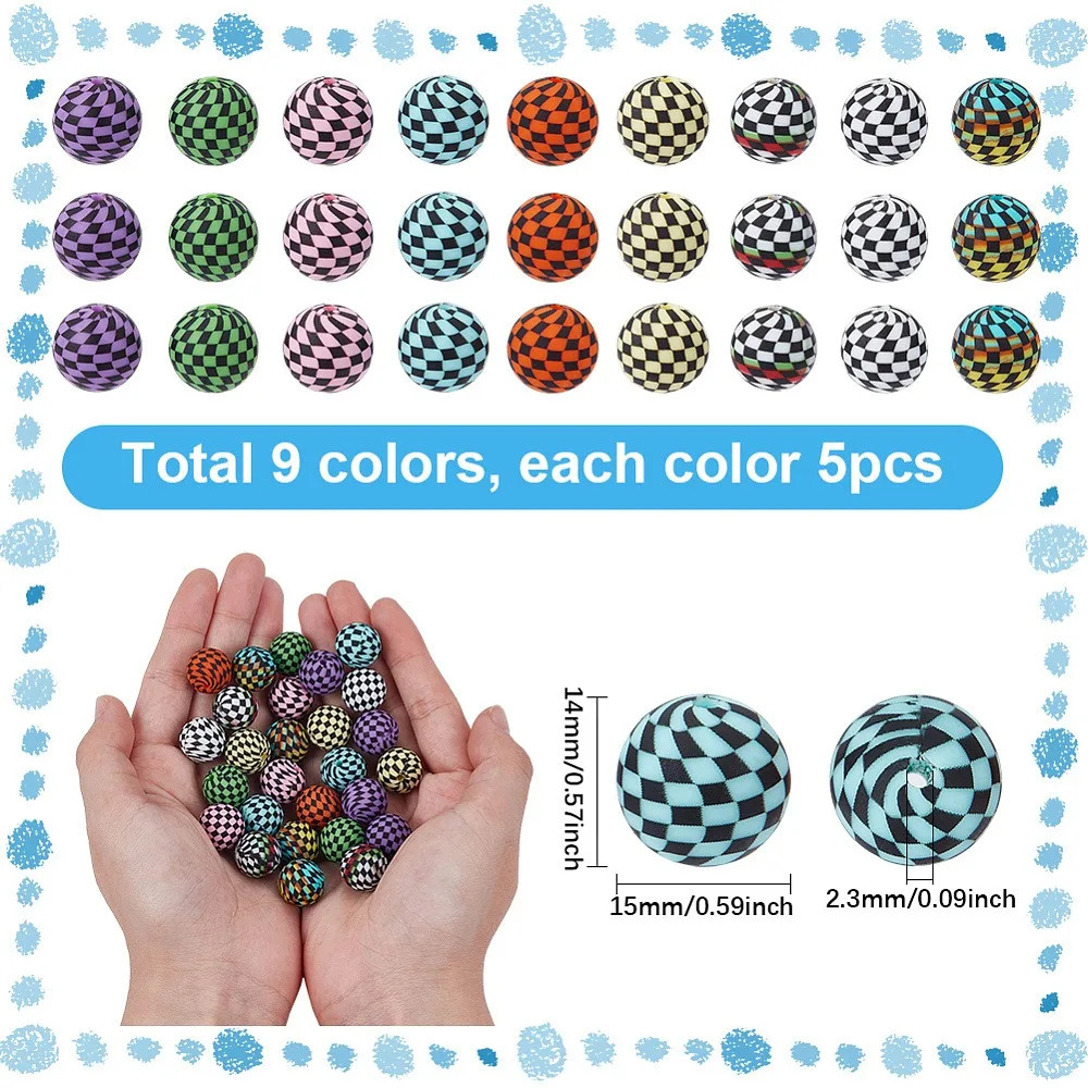 

45Pcs 9 Colors Opaque Beads Round with Tartan Mixed Color 15x14.5mm Hole: 2.3mm 5pcs/color
