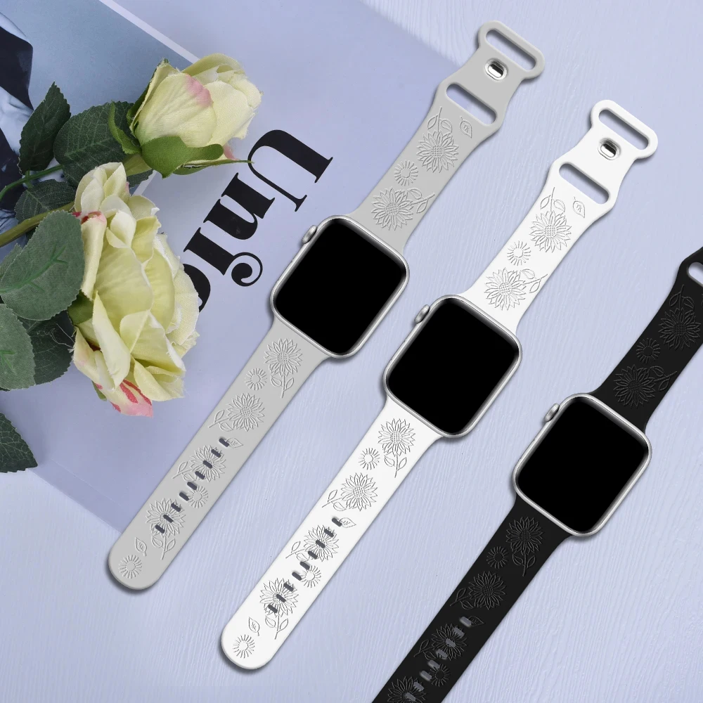 Strap For Apple Watch Band 49mm 44mm 42mm 41mm 45mm 44mm 40/38mm Floral Engraved Bracelet Correa iwatch Series 9 7SE 6 3 8 Ultra