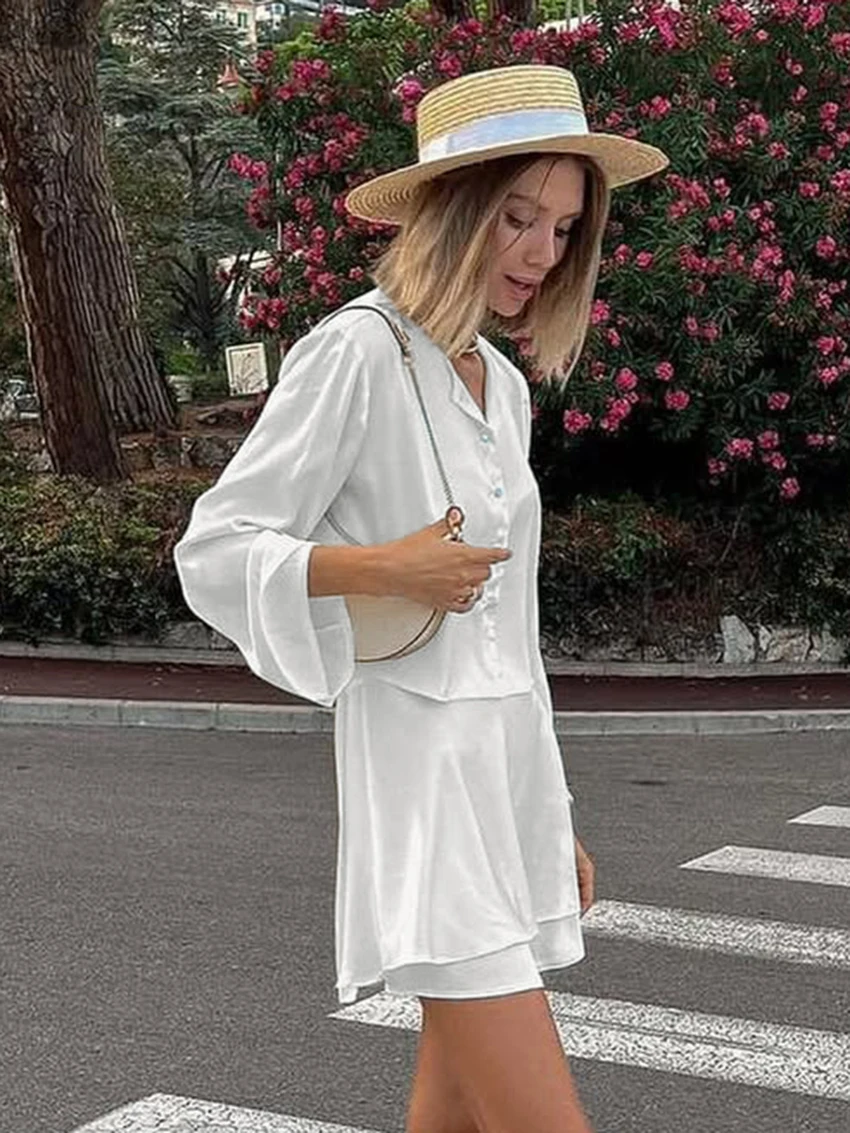 Marthaqiqi Casual Female Pajama Set Long Sleeve Nightie Crop Top Sleepwear Turn-Down Collar Nightwear Skirt Women Nightgown Suit