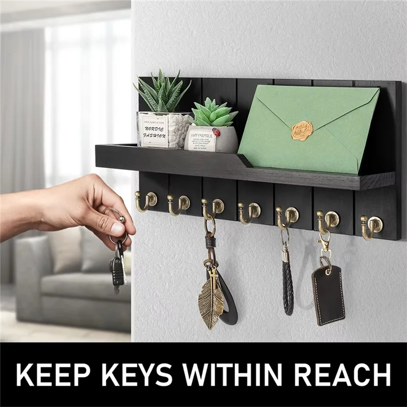 ABKO-Wooden Key Holder Wall Mounted For Home Entryway Decor Key And Mail Holder With Shelf And 7 Key Hooks For Mail Organizer