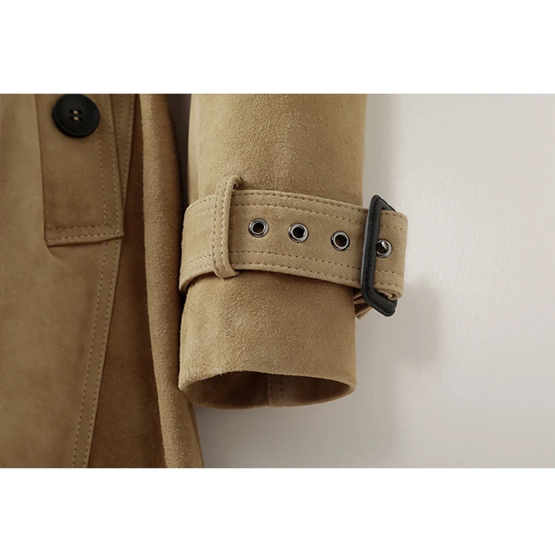 Trenchcoat aus 100 % Ziegenleder-Wildleder für Damen, klassischer britischer Stil, zweireihig, schmal geschnitten, mittellanger Trenchcoat aus echtem Schaffell