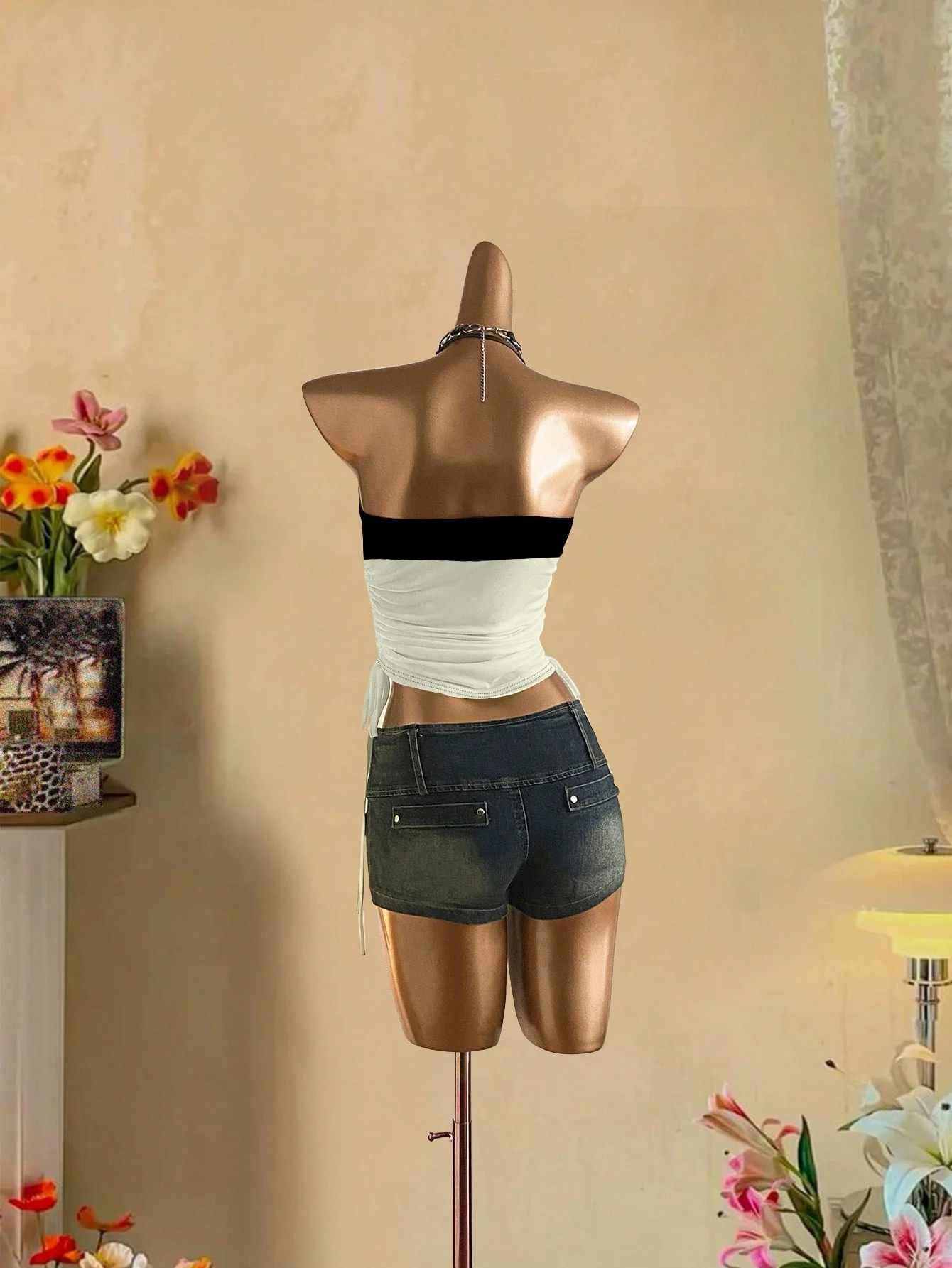 توب قصير، توب نسائي صيفي برباط أمامي مدبب بدون أكمام، قميص رياضي عصري مطبوع بأشرطة