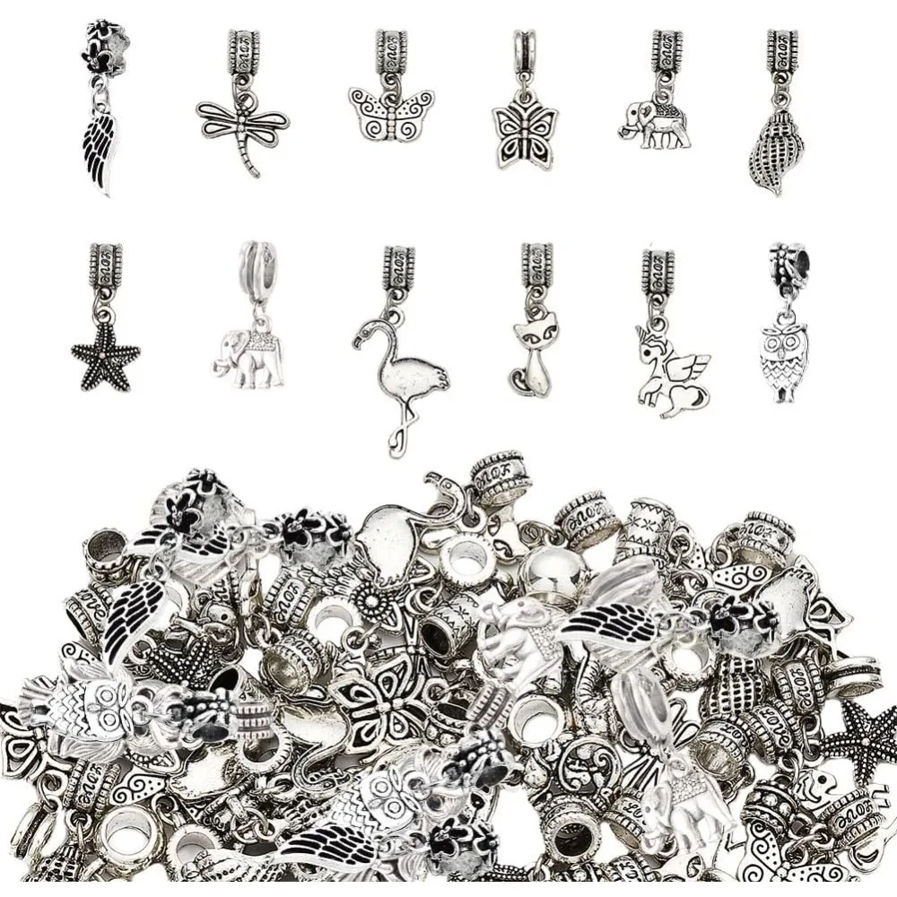 

48Pcs 12 Styles Alloy Dangle Spacer Beads European Dangle Beads Butterfly Elephant Owl Charm for European Snake