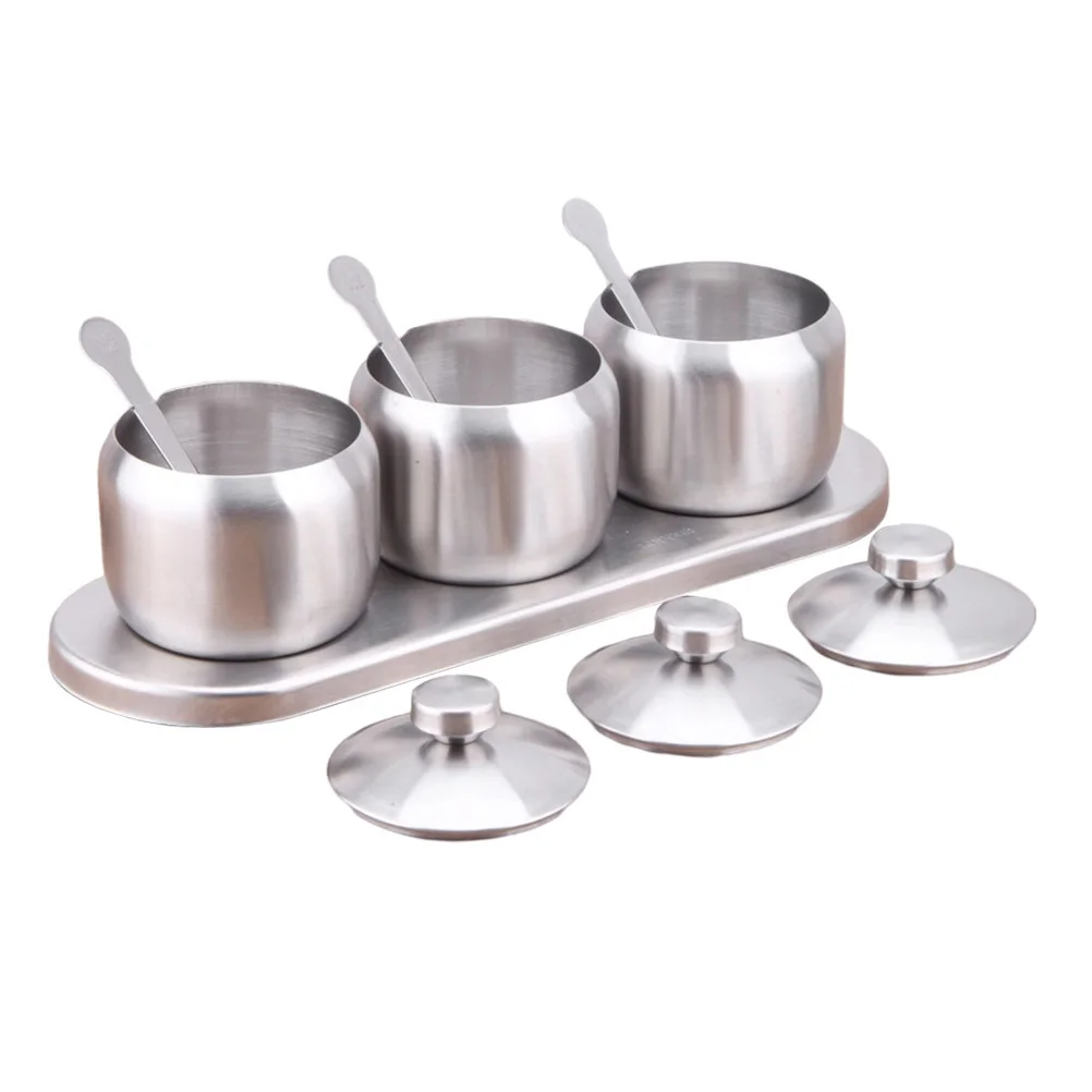 

1Set Seasoning Storage Box Premium Stainless Steel Kitchen Spice Can Large Capacity Moisture Proof Lid Save Countertop Space