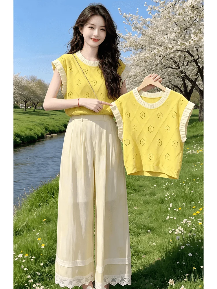 

Women's Summer Fashion Set round Neck Hollow out Short Sleeve T-Shirt Loose Wide Leg Pants Two Piece Set Breathable Casual Wear
