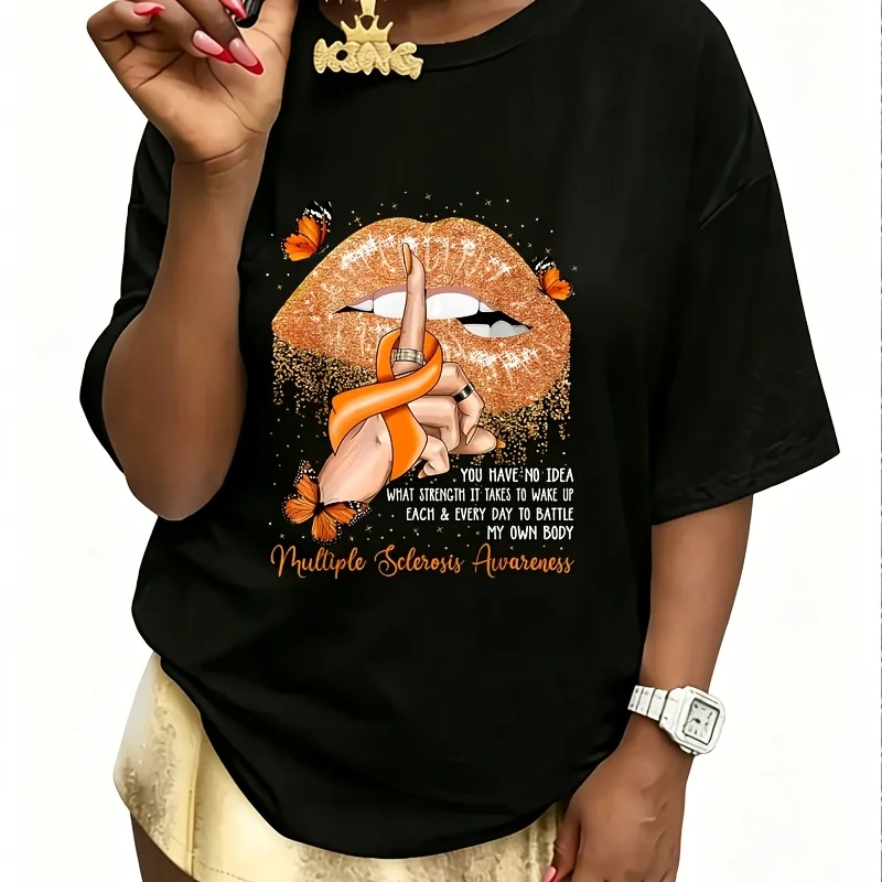Dripping Lips Butterflies Multiple Sclerosis Awareness Women's 100% Cotton T-Shirt Short Sleeve Top Casual Round Neck Fun Print Tee S-5Xl