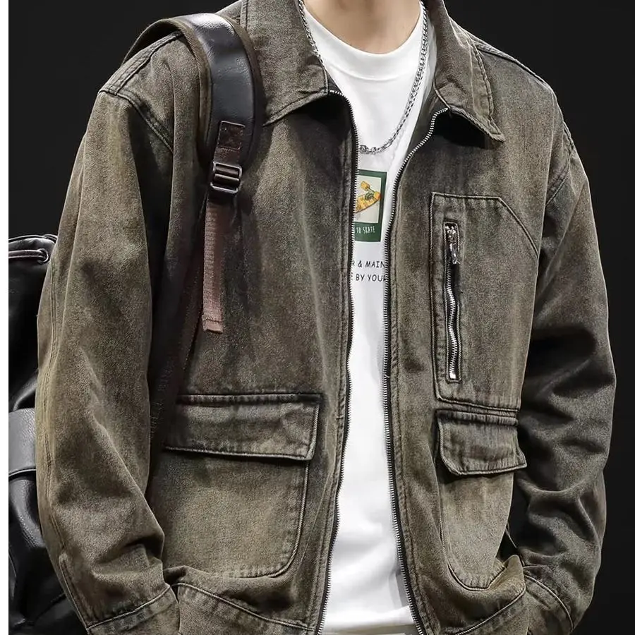 Korean Fashion 2026 Vintage High-end Denim Men's Spring Autumn New Large-size Pocket Tooling Clothing Varsity Jackets for Men