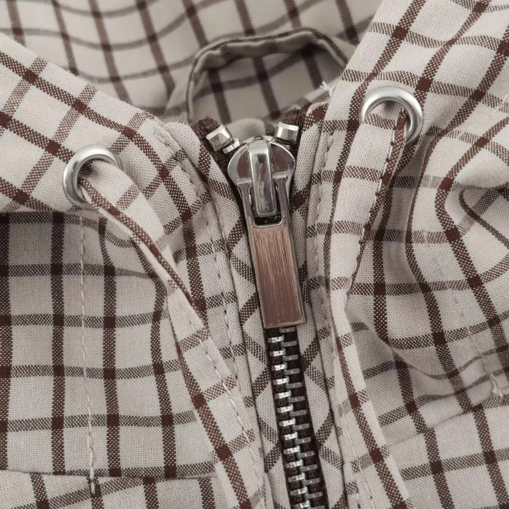 Damen Casual Trendige Frühling Herbst Karierte Jacke mit Kapuze und Reißverschluss-Taschen, Modische High-Street Coole Outfit-Jacke für Frauen – Detail 7