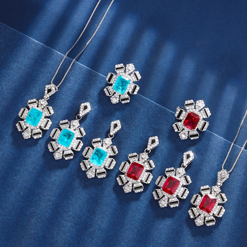 

EYIKA Vintage Enamel Design Created Ruby Bridal Jewelry Set Women Blue Green Fusion Crystal Zircon Flower Necklace Earrings Ring