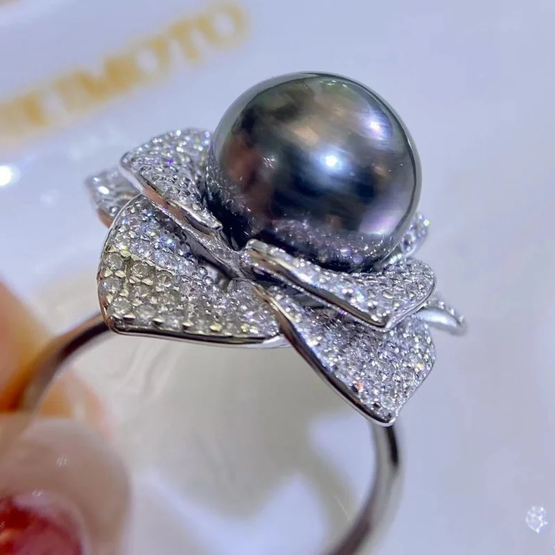 

SGARIT 10mm Countess Flower Tahitian Round Black Pearl Ring S925 Silver Square Zirconium Fashion Jewelry