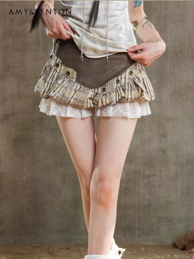 

Original Design Low Waist Retro Color-Block Patchwork Plaid Puff Short Skirt for Women Street Style Y2K Harajuku Slimming Shorts