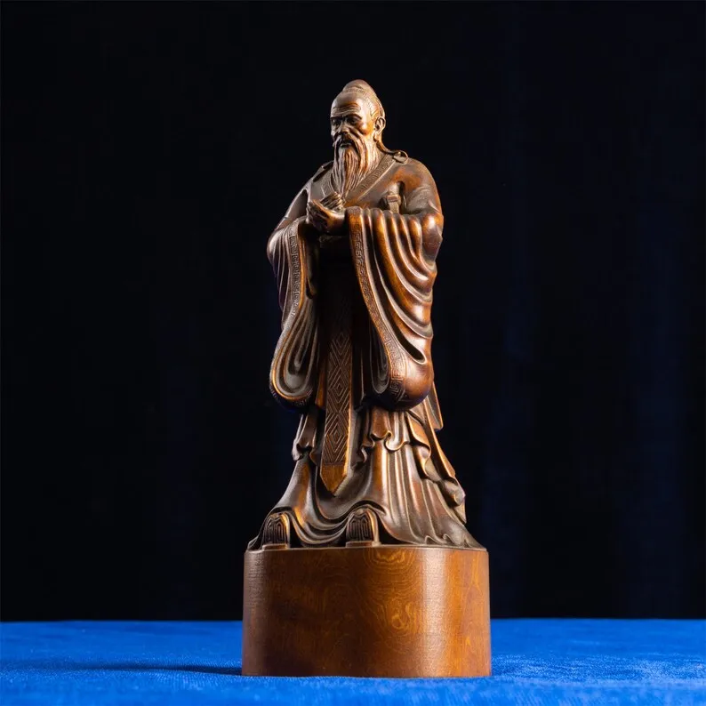 Sage of Wisdom: Confucius Statue, A Feng Shui, Approved Symbol of Luck and Knowledge, Exquisite Brown Wood Sculpture