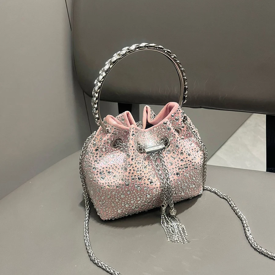 

New Tassel Women's Shoulder Bags Metal Ring Diamond Bucket Bag Shiny Drawstring Handbag Tote Chain Crossbody Bags Evening Clutch