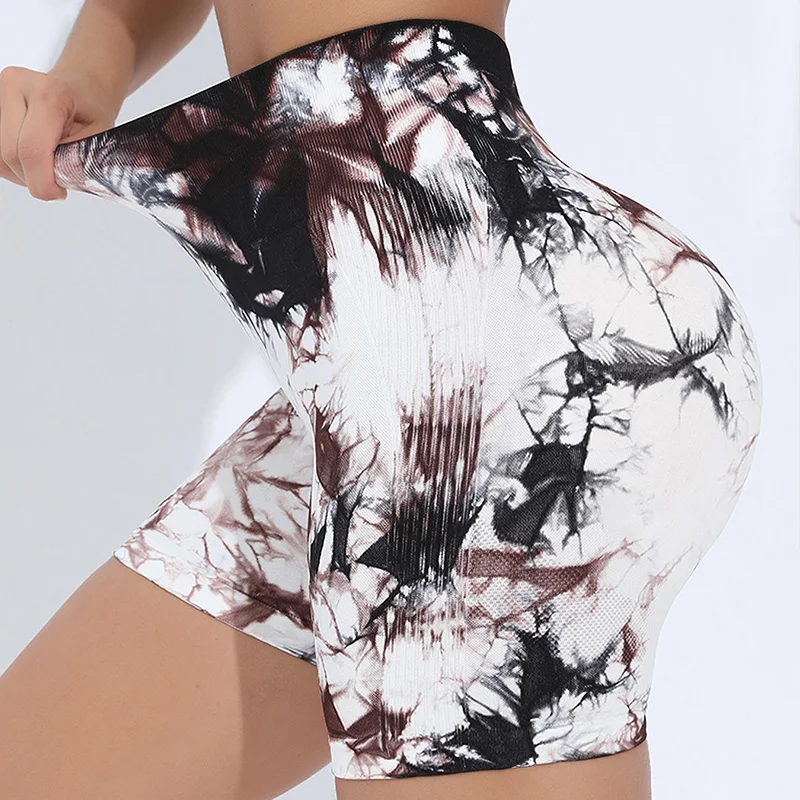 3 Piece Women\'s Tie Dye Cycling Sports Shorts,Seamless High Waisted Tummy Tucking Hip Lifting Gathering Yoga Fitness Pants