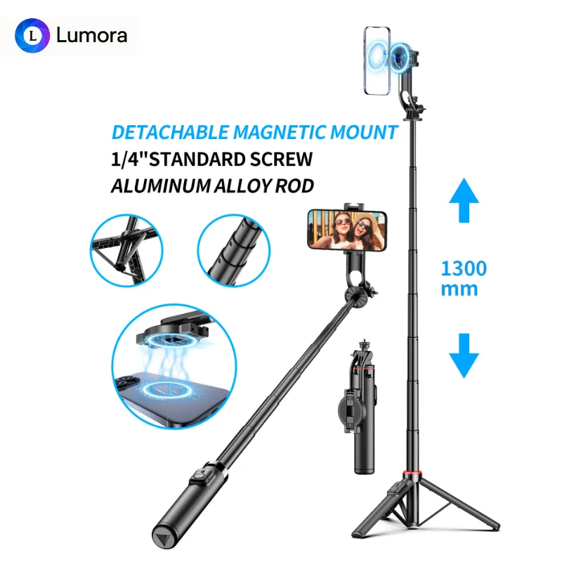 1300mm Magnetic Selfie Stick Tripod for iPhone Magsafe,Hidden Clamp & 1/4