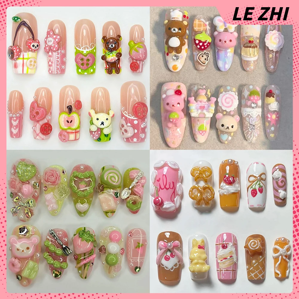 

Cartoon Cute Rilakkuma Hello Kitty Rabbit Handmande Square Almond Press On Nail Cream Strawberry Cookies Pearl Flower Fake Nail