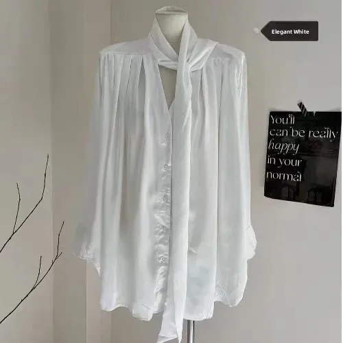 Ele Satin Wrap Ne V-Ne Draped Waist irt Dr Korean Sle Loose Fit Long Sve Pure Color Button Closure