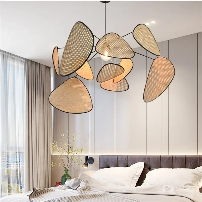 

Screen Chandelier Rattan Wicker Lamp Screen Cannage Kitchen Leaf Grid Hand Wood Bamboo Lamp E27 Creative Dinning Room Light