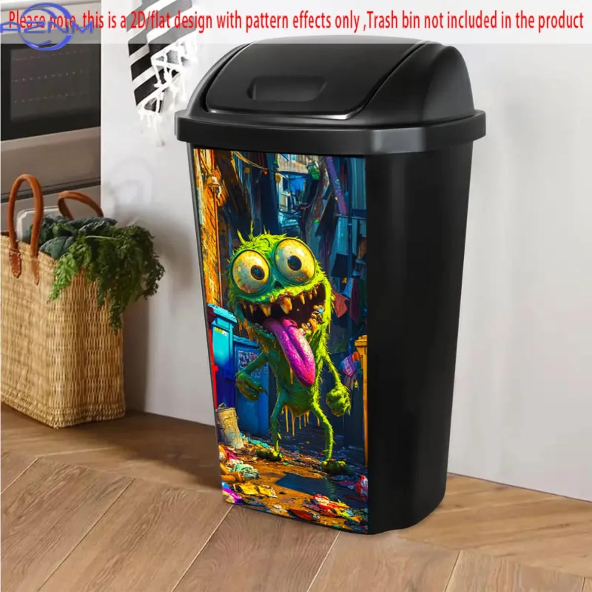 2D/FLAT, Green Monster with Big Eyes and a Long Tongue Pattern Self - Adhesive Dustbin Stickers, with a Messy Alley Background