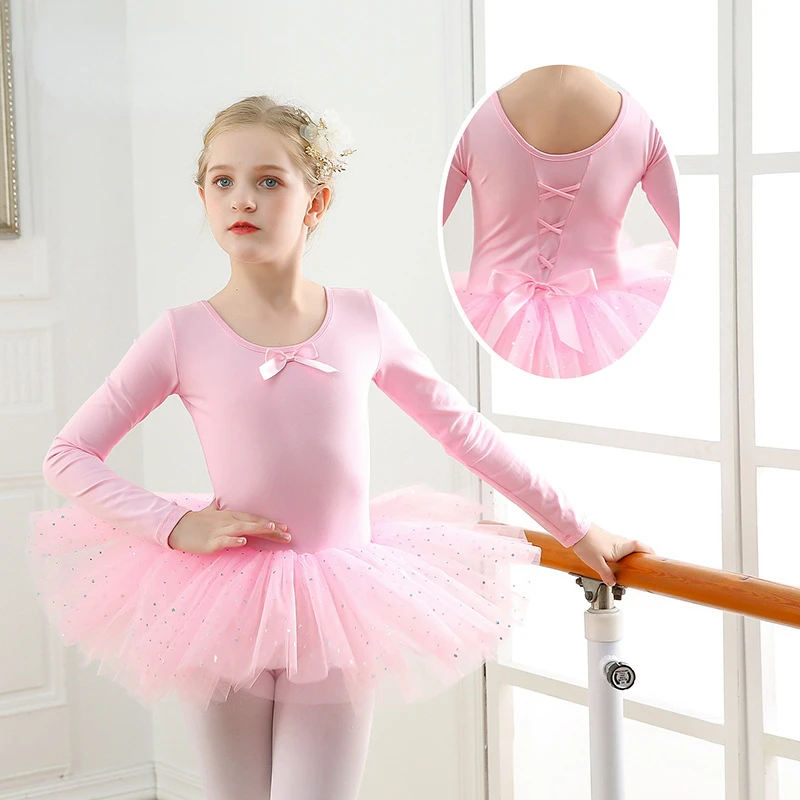 Girls Ballet Dance Tutu Dress Kids Short /Long Sleeves Tulle Bowknot Skate Gymnastics Christmas Birthday Party Leotard Dancewear