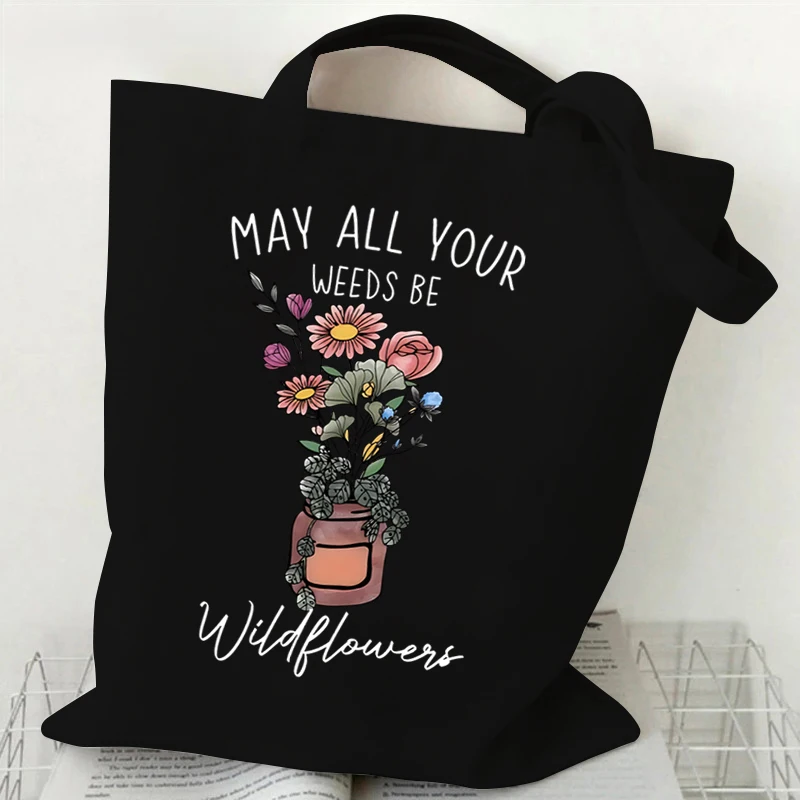 Vintage Style Wildflower Graphic Canvas Tote Bag Women Aesthetic Shopping Bags Floral Casual Teachers Gifts Plant Shoulder Bag