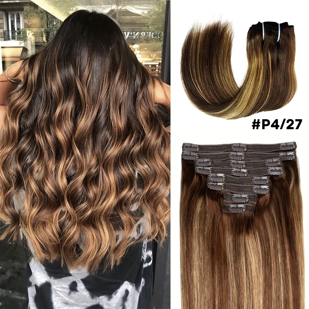 

​Straight Clip in Hair Extensions 100% Real Human Hair #4/27 Brown Highlights Blonde Clip In Remy Human Hair Extension For Women