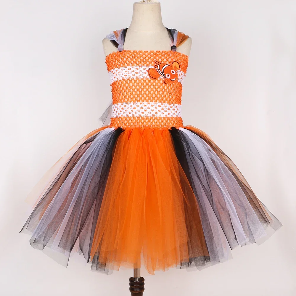 Clownfish Nemo Tutu Dress Baby Girls Party Princess Dresses Cartoon Clown Fish Costume Toddler Kids Christmas Halloween Clothes