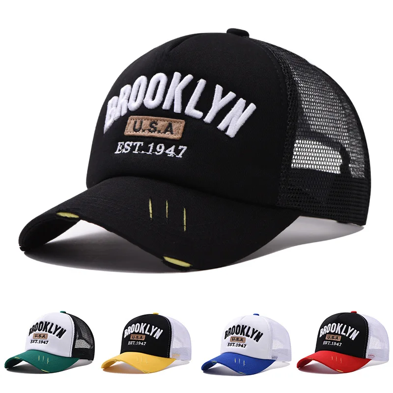 قبعة بيسبول مطرزة من بروكلين - قبعة شبكية قطنية للرجال، قبعة شمس عصرية مرقعة قابلة للتعديل، قبعة شمس عصرية للاستخدام الخارجي