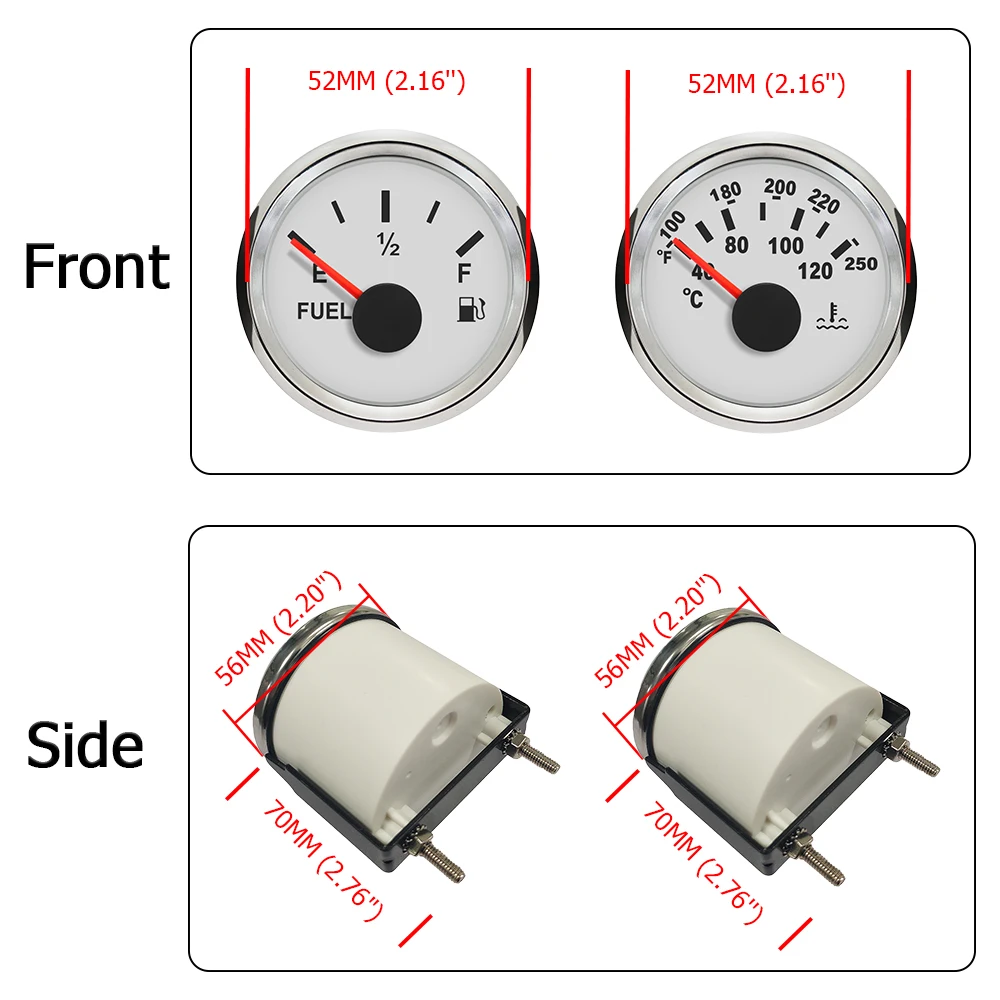 Universal 4 Gauge Set 52mm Water Temp Oil Pressure Fuel Level Meter Voltmeter with Red Backlight for Car Boat Yacht 12V