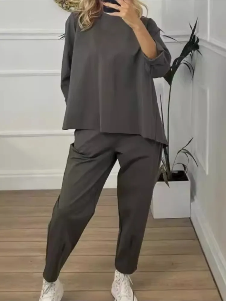 

Женский однотонный повседневный модный брючный костюм с длинным рукавом, новый комплект из 2 предметов, женский комплект свитшотов с круглым вырезом и длинными рукавами, топы