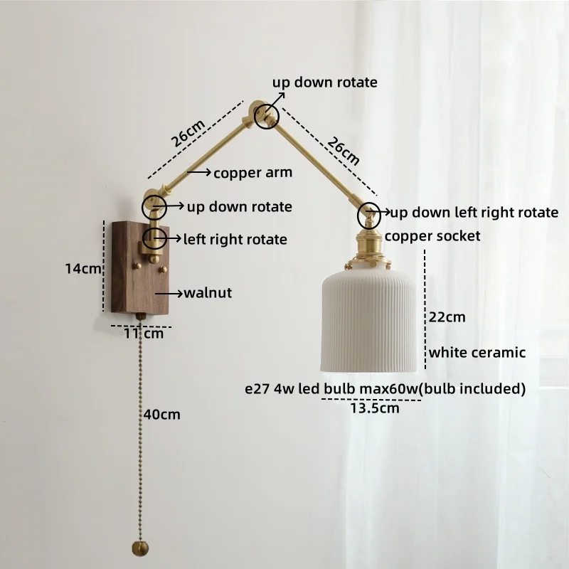 Imagem -02 - Iwhd-cobre Cerâmica Luzes Led Parede Puxar Cadeia Interruptor Lâmpada de Cabeceira Moderna Braço Balanço Jogos Banheiro Quarto e Sala