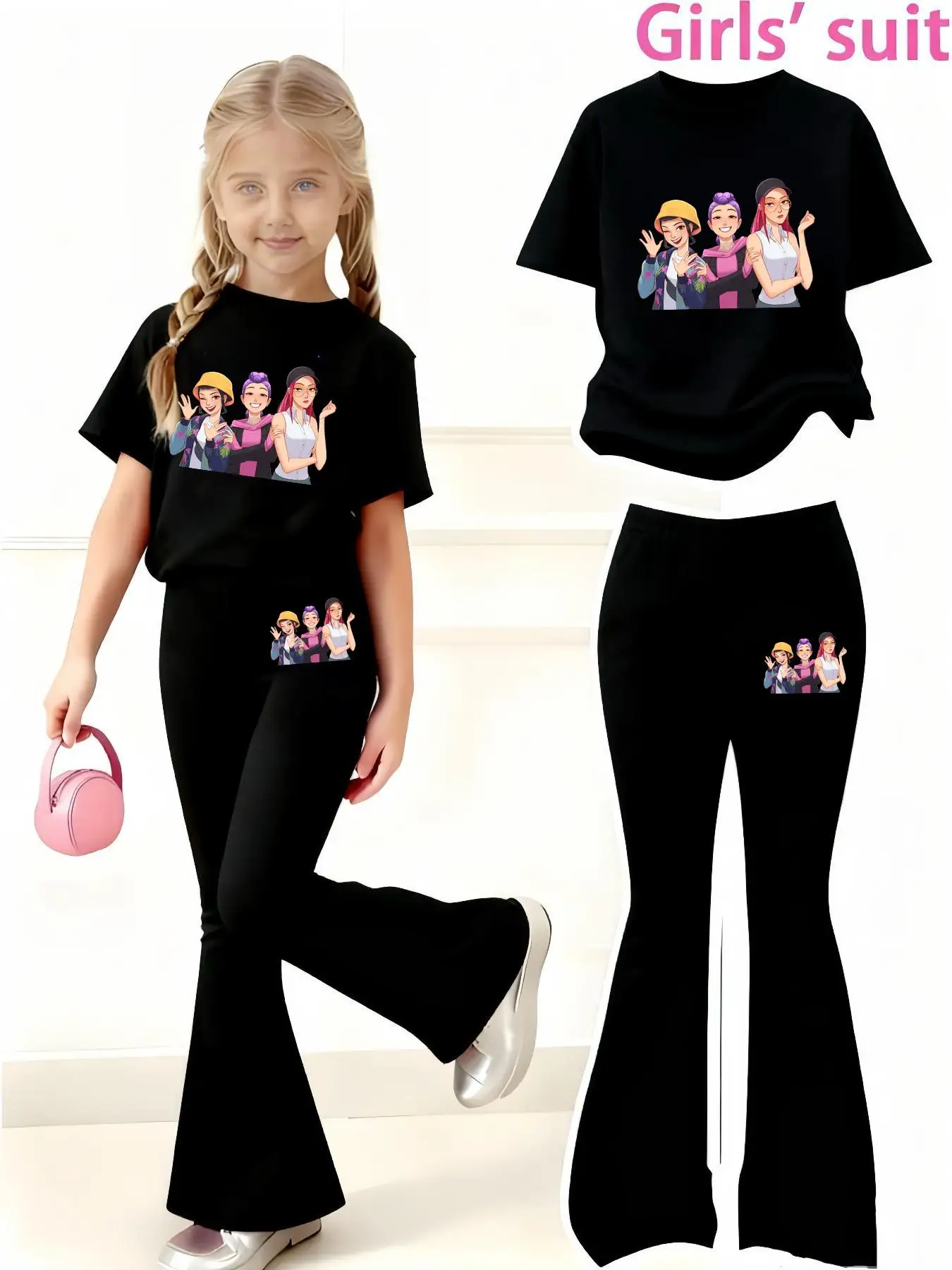 Sommerliches, kurzärmeliges Freizeitoutfit für Mädchen mit Anime-Charakter-Print, normales kurzärmeliges Oberteil und ausgestellte Hose, zweiteiliges Set, geeignet für Mädchen im Alter von 4–12 Jahren, vielseitige Kleidung für Zuhause und Ausflüge – Detail 1