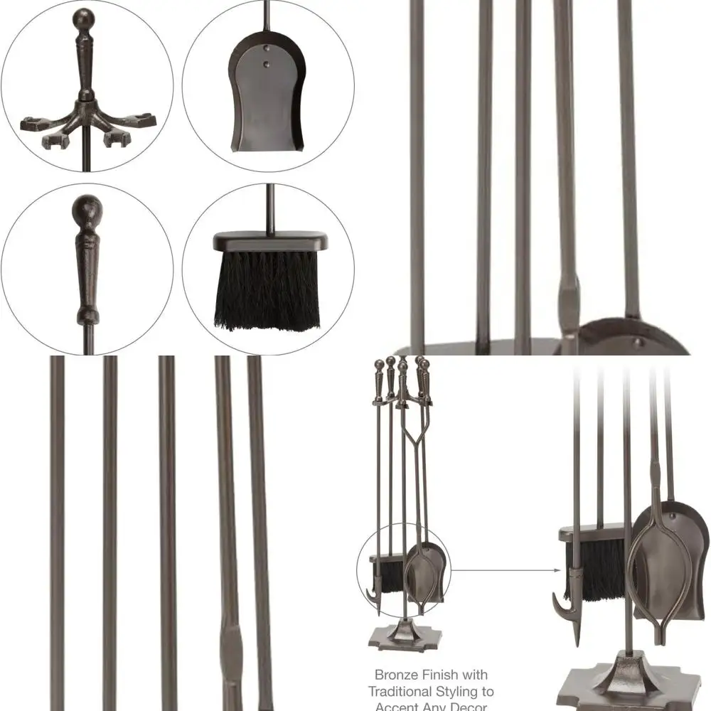 

Bronze 5-Piece Fireplace Tool Set with Ball Handles and Pedestal Stand (F-1634)