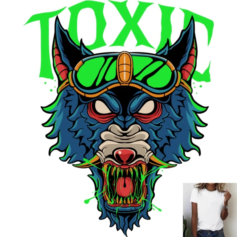 Trendy Toxic Wolf Head Heat Transfer White Ink Iron - on Patch, Cool Street - style Design, Suitable for T - shirts & Clothing