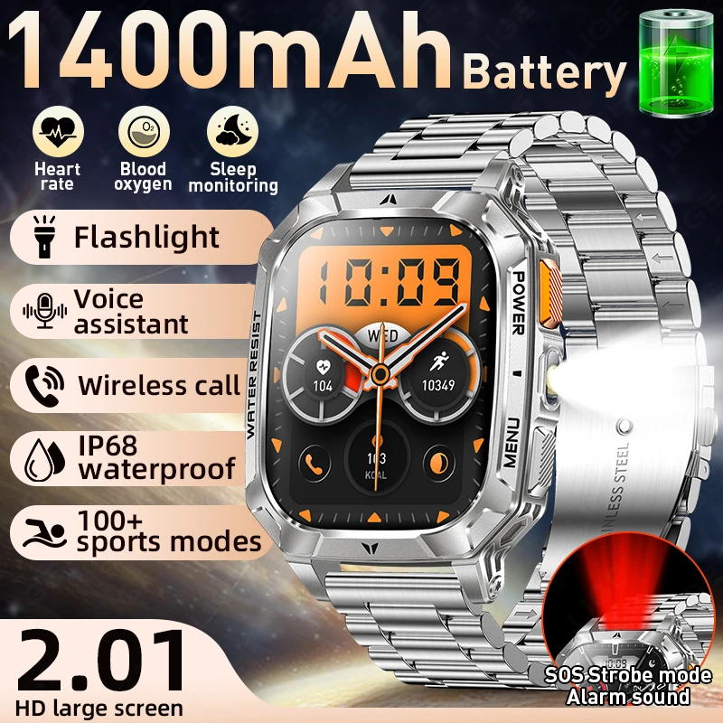 New 1400mAh Battery Military Smart Watch Man Waterproof LED Flashlight Health Monitor Sport Call Men Smart Watch For Android iOS