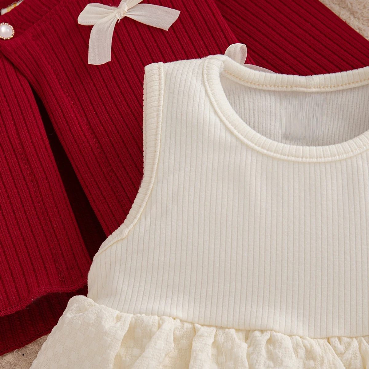 Baby-Mädchen-Kleidungsset: Rote Strickjacke mit Schleife und ärmellosem mehrlagigem Kleid, 2-teiliges Prinzessinnen-Outfit für Mädchen für die Weihnachtsfeier – Detail 20