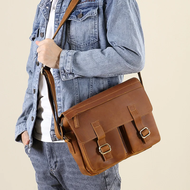 

Genuine leathe shoulder bag vintage top cowhide men's leather fashion casual handmade horizontal British cross-body bag