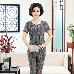 2 Pcs Sets Middle-aged and Elderly Women's Suits Vintage Fashion Print T-shirt Tops & Casual Pants Mother Summer Clothing 5XL