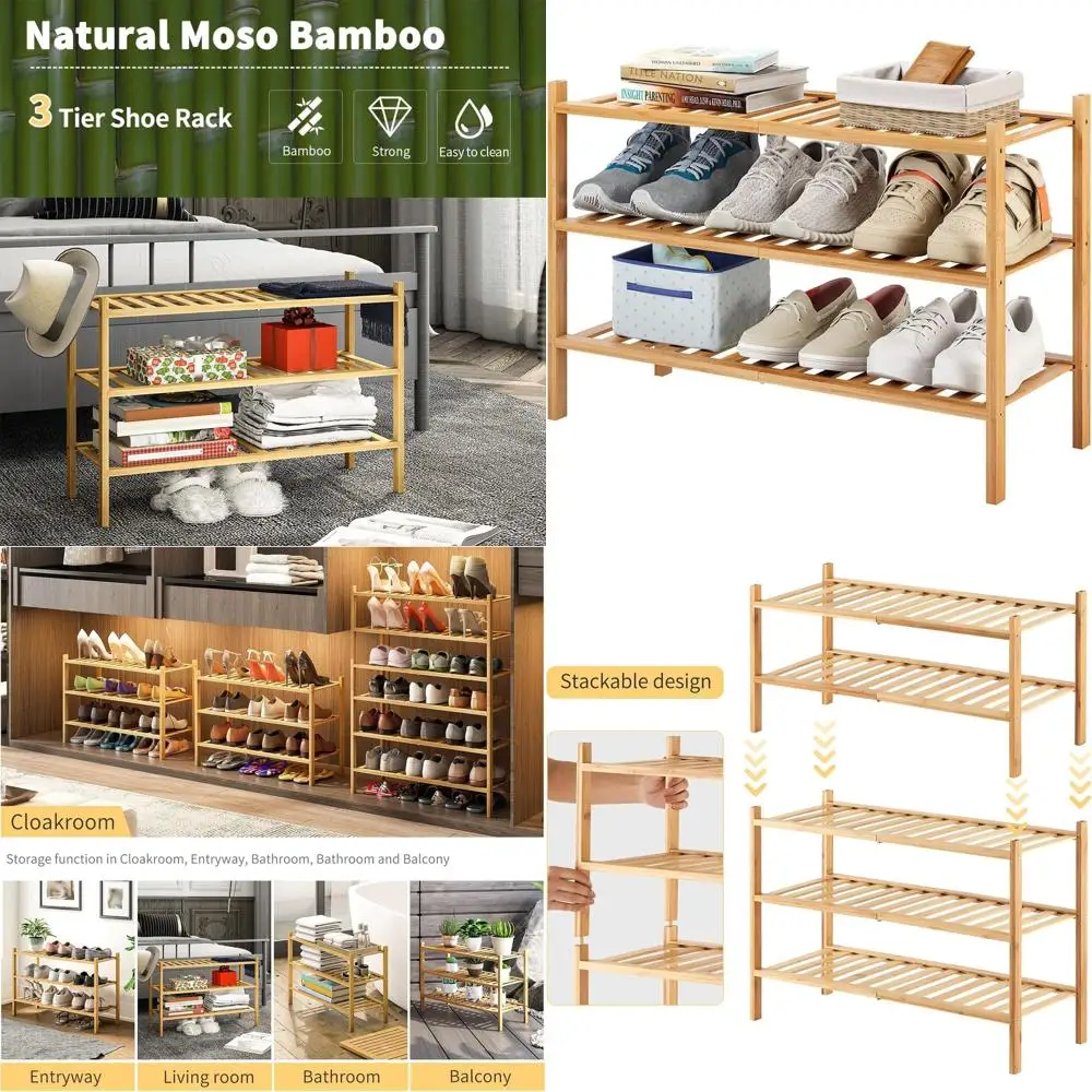 

Stackable 3-Tier Bamboo Shoe Organizer - Heavy Duty, Multi-Functional for Entryway, Bedroom, or Hallway Closet