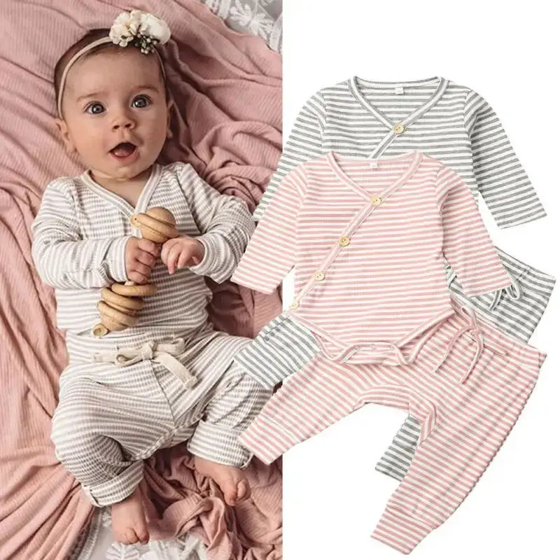 Two Pieces Clothes Boys Girls Clothes Sets Newborn Baby Boy Romper Jumpsuit Clothes Set Striped Spring Autumn