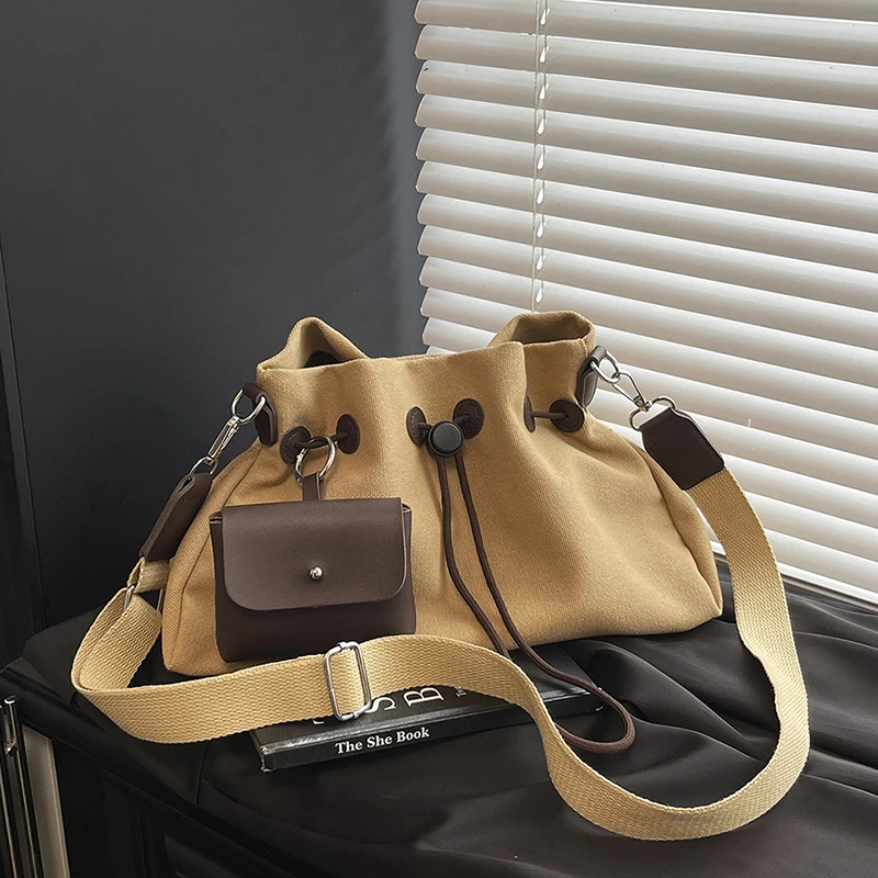 

ZD1606 Large-Capacity Canvas Bag 2025 New Casual Drawstring Shoulder Crossbody Bag High-End Pleated Bucket Bag