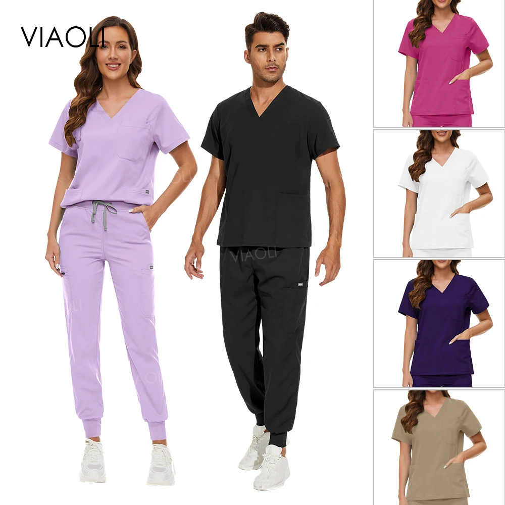 Medical Scrub Uniform Sets Fashion Workwear Men Surgical Uniform Woman Hospital Nursing Scrub Short Sleeved Top Pants Set Unisex