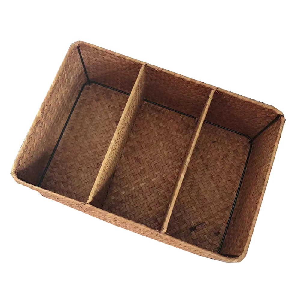 

Natural Seaweed Woven Storage Basket 3 Compartments Handmade Home Small Desktop Organizer Baskets
