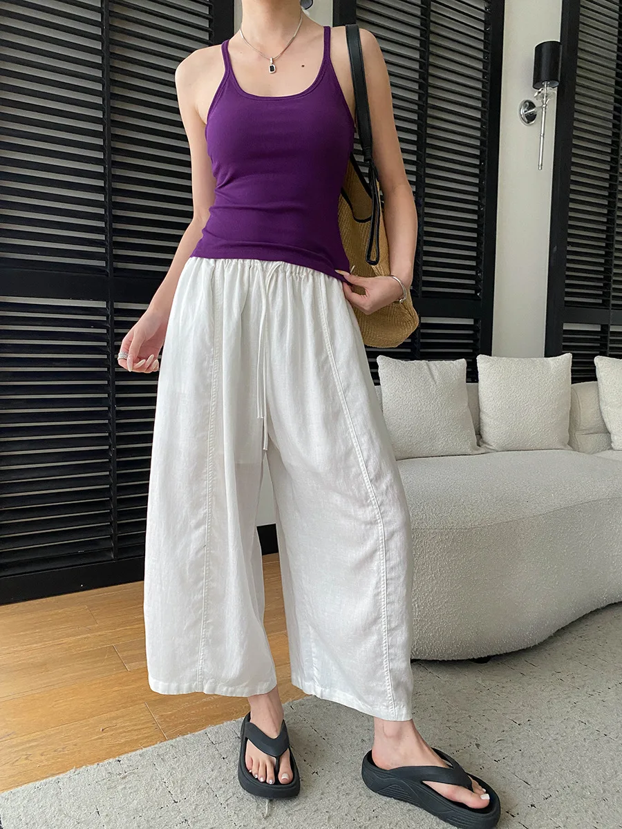 Sommerliche High-Waist-Hose mit weitem Bein für Damen, lässige, einfarbige, locker sitzende Hose – Detail 40