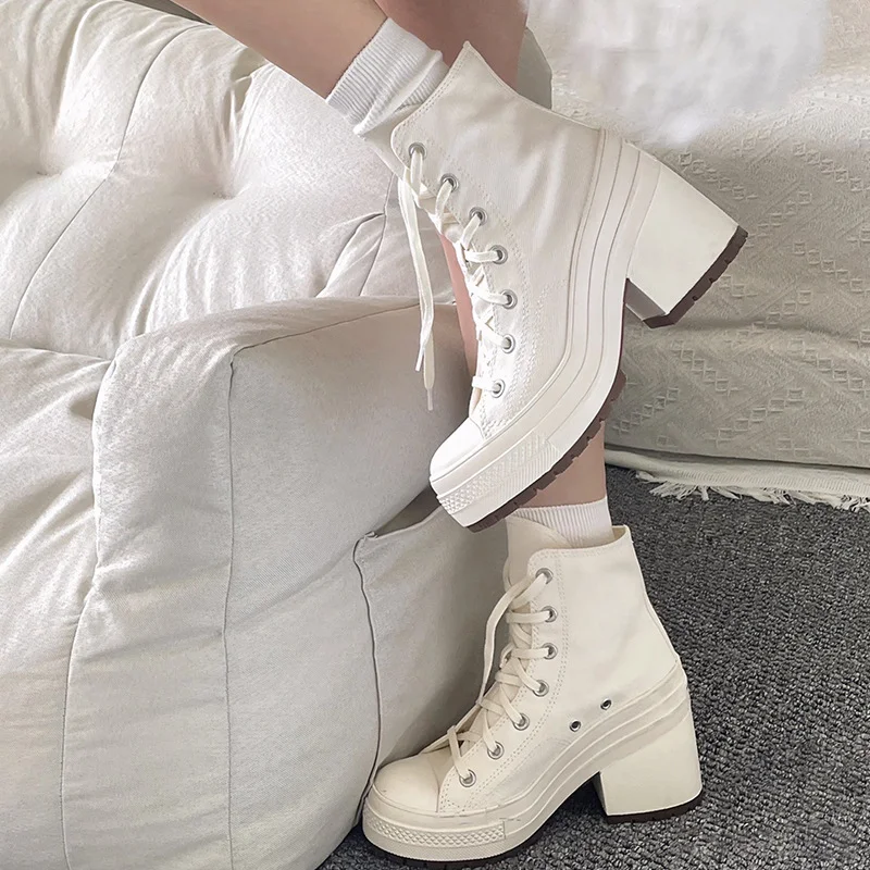 Women High Top Canvas Shoes Classic Casual Outdoor Sneakers Fashion Lace Up High Heel Platform Ankle Boots Women Plus Size 36-42