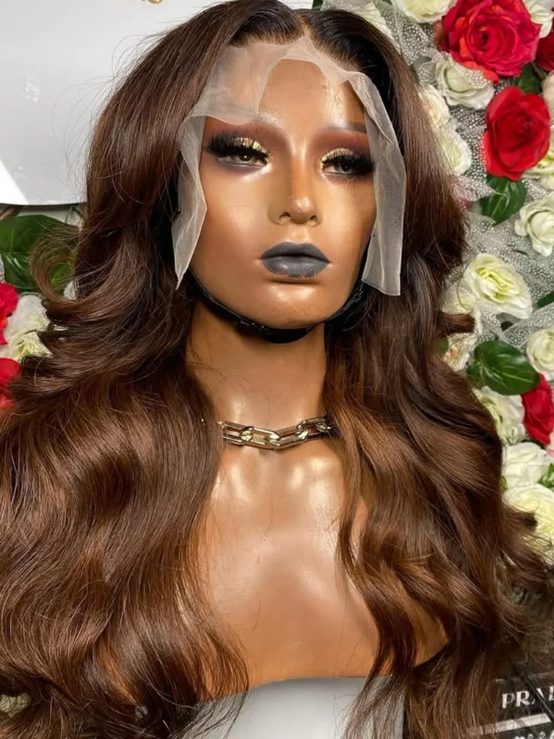 13x4 Synthetic Chocolate Brown Body Wave Lace Front Wigs Hd Transparent Wig Blend 5% Human Hair Realistic Look Wigs For Wome