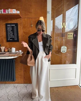 Ladies Vintage Cropped Trench Spring Autumn Jacket Women Streetwear Double Breasted Long Sleeve Top Female Chic Coat Outfits 6